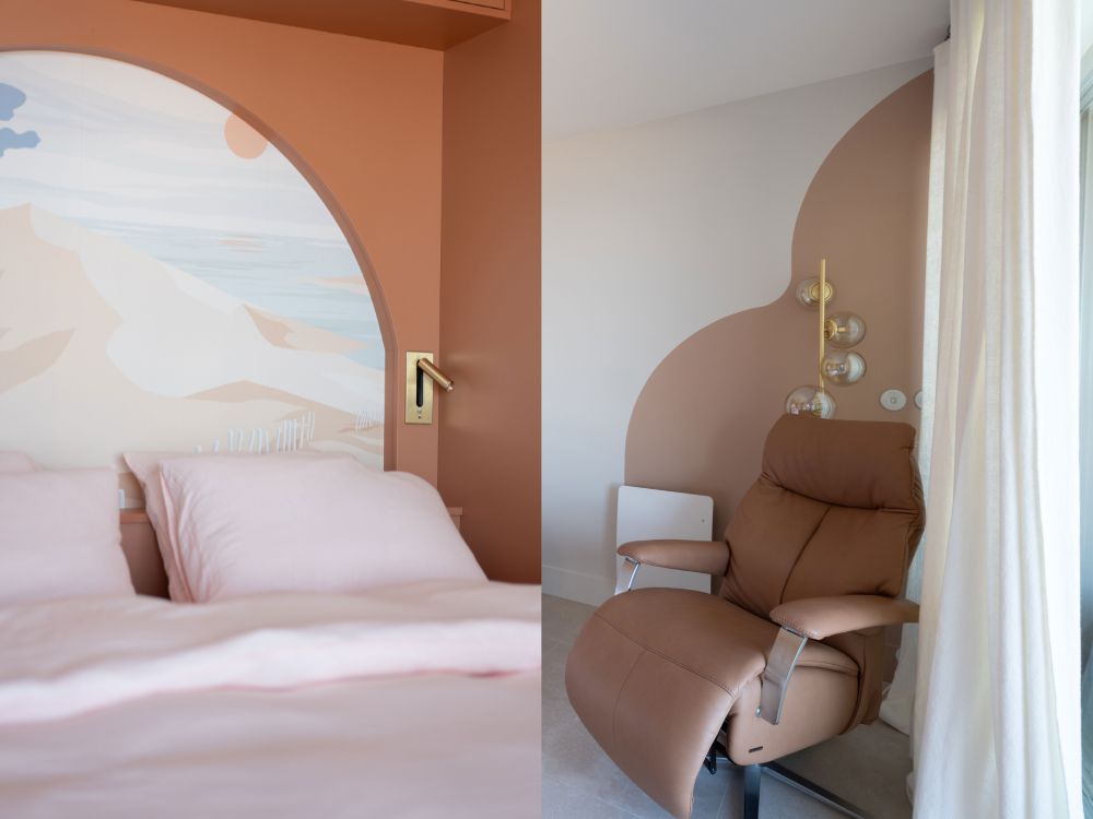 détails chambre rose poudrée rénovation globale appartement vue mer arcachon piedra travaux