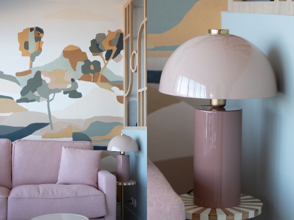 détails salon rose poudrée rénovation globale appartement vue mer arcachon piedra travaux