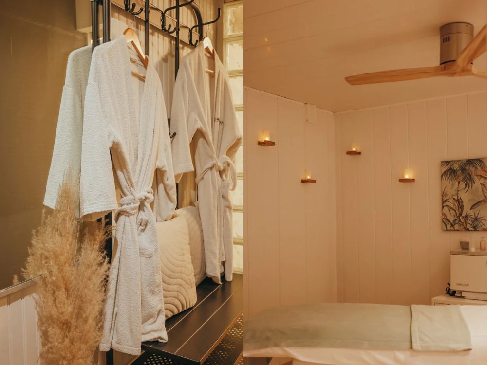 cabine d'esthétique avec des peignoirs confortables rénovation tertiaire institut de beauté mérignac piedra travaux