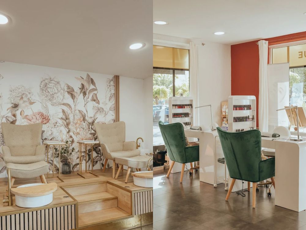 Open space d'entrée, papier peint panoramique fleuri, rénovation tertiaire institut de beauté mérignac piedra travaux